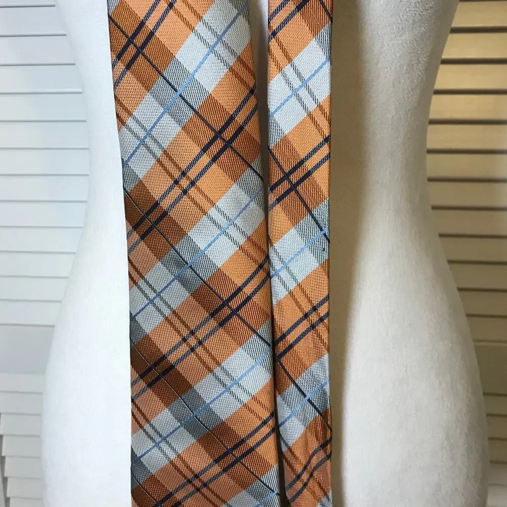 Clericci Orange Silver Plaid Wide Classic Mens Necktie